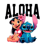 Ilustração animada de uma menina e seu amigo alienígena, Stitch, com a palavra "ALOHA" em destaque. A menina usa um vestido listrado e tem uma flor no cabelo, enquanto Stitch sorri ao lado dela, passando uma sensação de amizade e alegria.