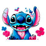 Personagem animado Stitch, de pelagem azul e sorriso largo, rodeado por flores coloridas e elementos decorativos. Ideal para destacar temas de alegria e diversão infantil.