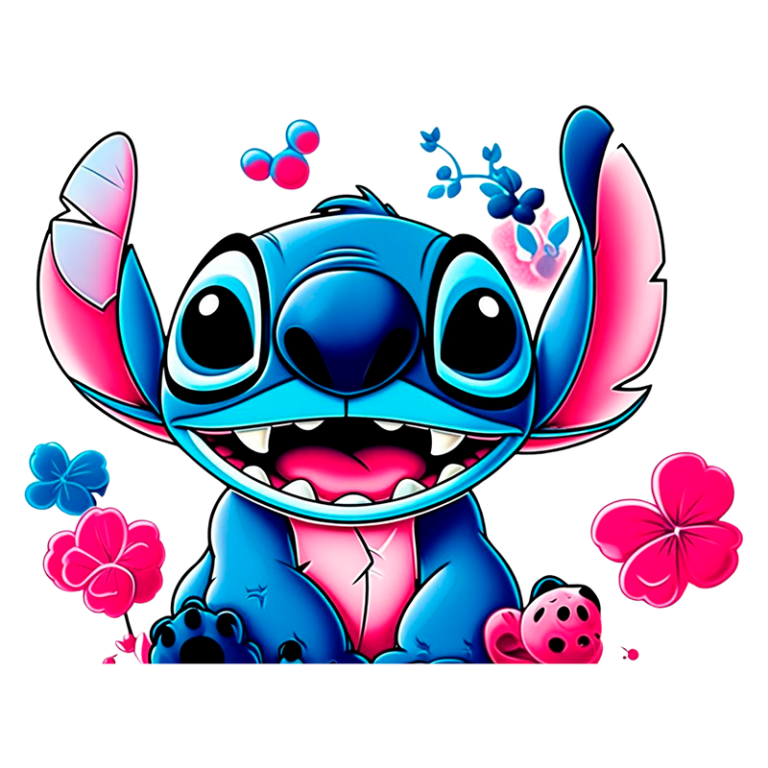 Personagem animado Stitch, de pelagem azul e sorriso largo, rodeado por flores coloridas e elementos decorativos. Ideal para destacar temas de alegria e diversão infantil.