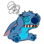 Personagem animado Stitch, do filme "Lilo & Stitch", com expressão de desespero, segurando a cabeça e com espirais nos olhos, representando confusão. Fundo verde.