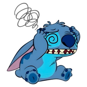 Personagem animado Stitch, do filme "Lilo & Stitch", com expressão de desespero, segurando a cabeça e com espirais nos olhos, representando confusão. Fundo verde.