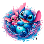Ilustração vibrante de Stitch e Angel, personagens de animação da Disney, brincando juntos em um ambiente aquático colorido. A imagem destaca o sorriso alegre de Stitch e a expressão fofa de Angel, ambos cercados por respingos de água e cores vibrantes, transmitindo uma sensação de diversão e amizade.