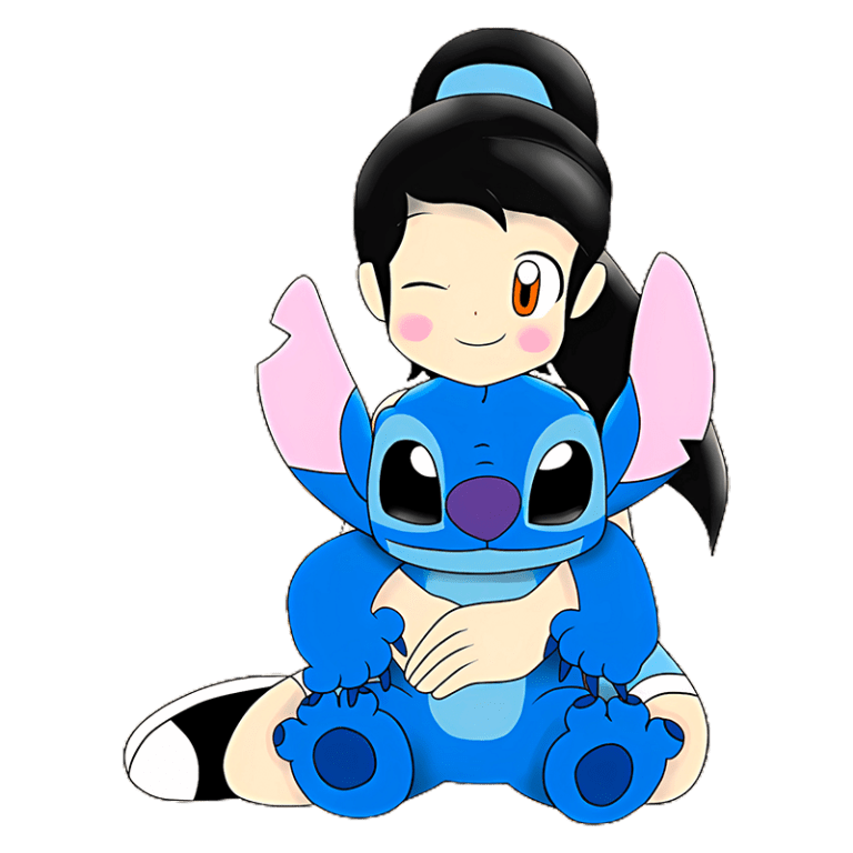 Menina sorridente com cabelo preto e laço azul, segurando um boneco azul do Stitch, personagem de Disney, em um fundo verde.