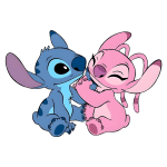Personagens Stitch e Angel, animais fofos e coloridos, interagindo de forma carinhosa, representando amizade e diversão.