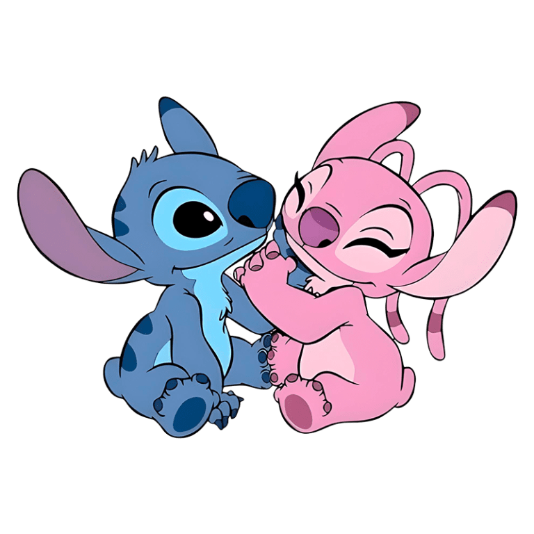 Personagens Stitch e Angel, animais fofos e coloridos, interagindo de forma carinhosa, representando amizade e diversão.