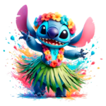 Stitch, personagem de desenho animado, vestido com saia de grama e colar de flores, dançando alegremente em um ambiente colorido e vibrante.