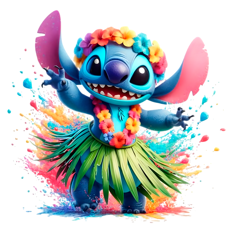 Stitch, personagem de desenho animado, vestido com saia de grama e colar de flores, dançando alegremente em um ambiente colorido e vibrante.