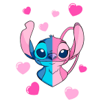 Ilustração do personagem Stitch, metade azul e metade rosa, cercado por corações coloridos, representando amor e amizade.