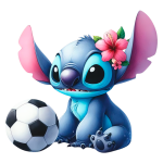 Stitch com flores na cabeça, sentado ao lado de uma bola de futebol.
