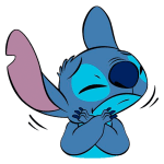 Personagem Stitch de "Lilo & Stitch" com expressão de tristeza e abraçando a si mesmo, destacando suas grandes orelhas e pelagem azul. Ideal para fãs de animações da Disney.