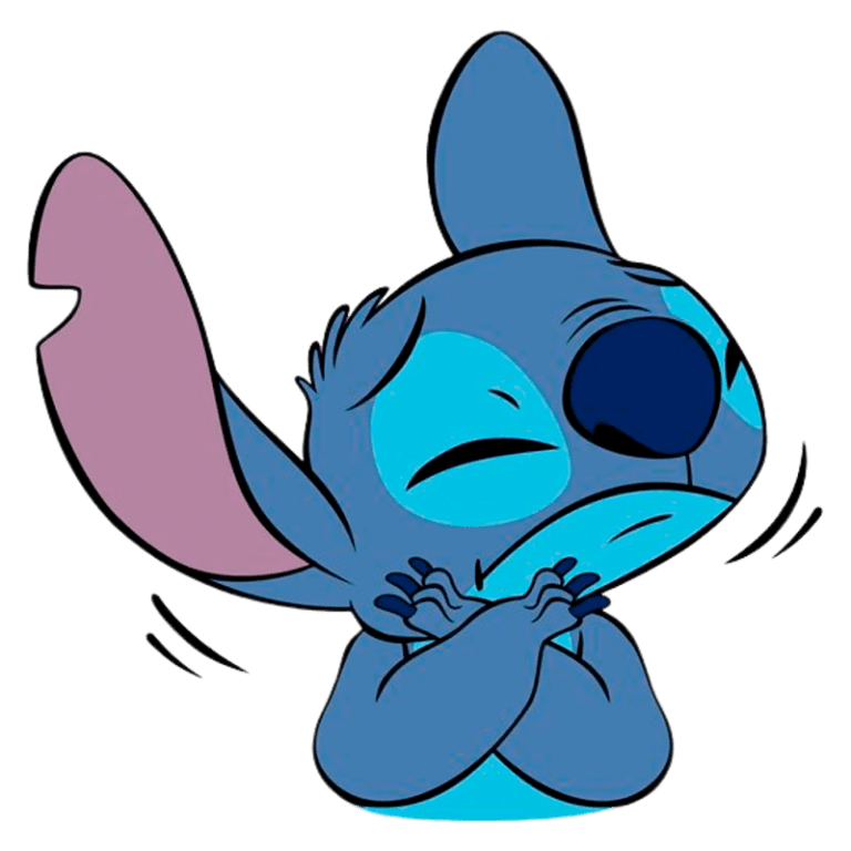 Personagem Stitch de "Lilo & Stitch" com expressão de tristeza e abraçando a si mesmo, destacando suas grandes orelhas e pelagem azul. Ideal para fãs de animações da Disney.