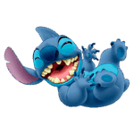 Personagem Stitch, de pele azul, sorrindo amplamente com dentes grandes, exibindo uma expressão divertida enquanto está deitado com as patas para cima.