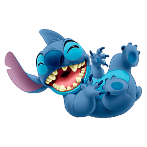 Personagem Stitch, de pele azul, sorrindo amplamente com dentes grandes, exibindo uma expressão divertida enquanto está deitado com as patas para cima.