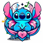 Ilustração colorida de Stitch, personagem azul da Disney, sentado em um coração, cercado por notas musicais coloridas e detalhes vibrantes, representando amizade e música.