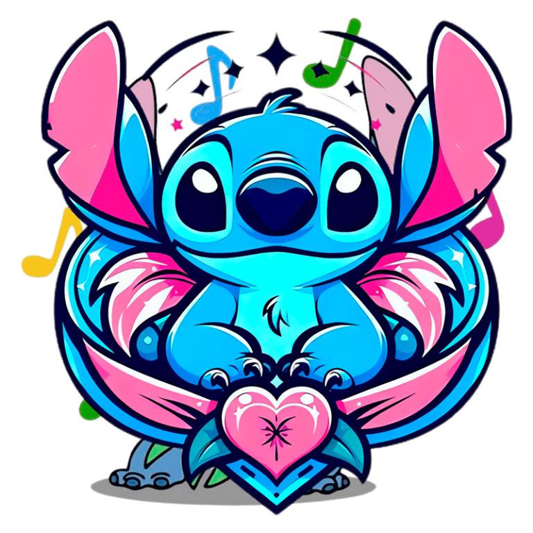 Ilustração colorida de Stitch, personagem azul da Disney, sentado em um coração, cercado por notas musicais coloridas e detalhes vibrantes, representando amizade e música.