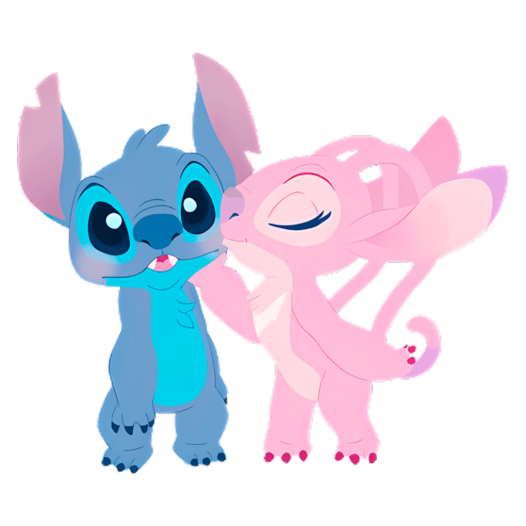 Personagens de desenho animado Stitch e Angel, com Stitch em azul e Angel em rosa, posando juntos de forma carinhosa, simbolizando amizade e amor.