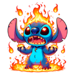 Stitch expressa raiva e emoção, cercado por chamas vibrantes em um fundo branco.