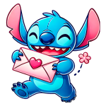 Personagem animado Stitch, sorridente e alegre, segurando uma carta com um coração, simbolizando amizade e carinho, com uma flor ao lado.