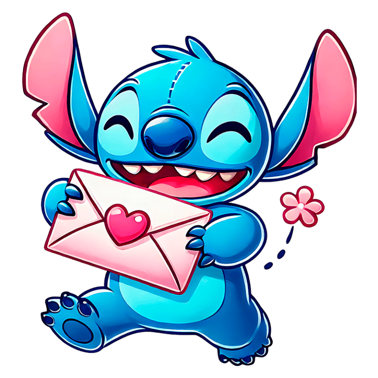 Personagem animado Stitch, sorridente e alegre, segurando uma carta com um coração, simbolizando amizade e carinho, com uma flor ao lado.