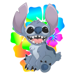 Personagem cartoon de um alienígena azul com grandes orelhas e sorriso largo, sentado em um fundo colorido com flores, representando diversão e alegria.