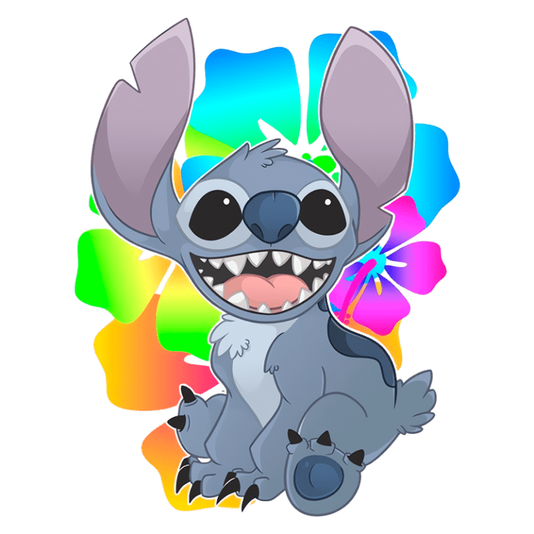 Personagem cartoon de um alienígena azul com grandes orelhas e sorriso largo, sentado em um fundo colorido com flores, representando diversão e alegria.