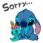 Stitch, personagem famoso da Disney, aparece sentado e triste ao lado de um boneco de pano verde com uma fita rosa, com a palavra "Sorry..." escrita acima.