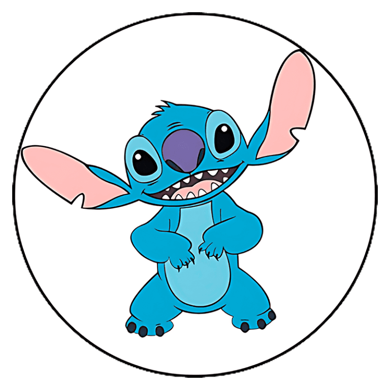 Personagem animado Stitch, do filme Lilo & Stitch, com pelagem azul, grandes orelhas e expressão sorridente, em fundo circular branco.