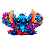 Stitch sentado entre flores vibrantes e coloridas. O personagem possui grandes orelhas, olhos expressivos e está rodeado por uma variedade de flores em tons de rosa, azul e amarelo.