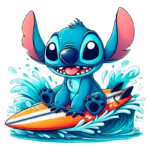 Personagem animado de um pequeno alienígena azul, chamado Stitch, surfando em uma prancha colorida, cercado por ondas emocionantes, transmitindo uma sensação de diversão e aventura.