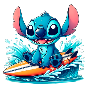 Personagem animado de um pequeno alienígena azul, chamado Stitch, surfando em uma prancha colorida, cercado por ondas emocionantes, transmitindo uma sensação de diversão e aventura.