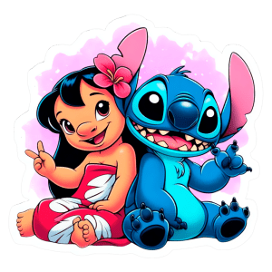Ilustração colorida de Lilo e Stitch, personagens icônicos da Disney, sentados juntos. Lilo, com um vestido tradicional havaiano e uma flor no cabelo, mostra um gesto de paz, enquanto Stitch exibe um sorriso largo. Fundo com efeito suave em tons de rosa. Ideal para fãs de animações e cultura pop.