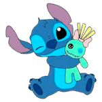 Stitch piscando, abraçando um boneco de pelúcia verde com um laço rosa, sobre fundo verde.