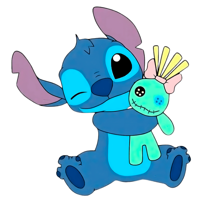 Stitch piscando, abraçando um boneco de pelúcia verde com um laço rosa, sobre fundo verde.