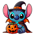 Personagem Stitch inspirado no Halloween, um alienígena azul com orelhas grandes usando chapéu de bruxa e capa, segurando uma abóbora com rosto esculpido. Ideal para temas de festa e decoração de Halloween.