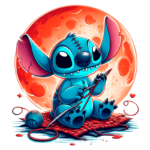 Personagem de desenho animado Stitch, de pele azul, sentado sobre uma superfície vermelha, segurando uma agulha e linha, com um novelo de lã ao lado, sob um fundo de lua laranja e vermelha, transmitindo uma atmosfera divertida e criativa.