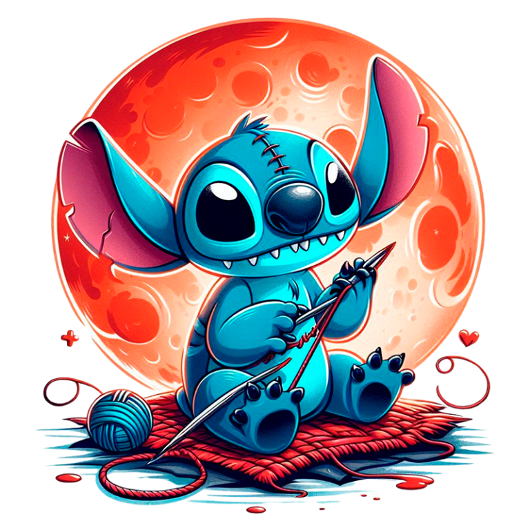 Personagem de desenho animado Stitch, de pele azul, sentado sobre uma superfície vermelha, segurando uma agulha e linha, com um novelo de lã ao lado, sob um fundo de lua laranja e vermelha, transmitindo uma atmosfera divertida e criativa.