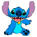 Personagem Stitch, do filme Lilo & Stitch, sorrindo e sentado, com pele azul, grandes orelhas roxas e dentes expostos. Ideal para fãs de animação e cultura pop.