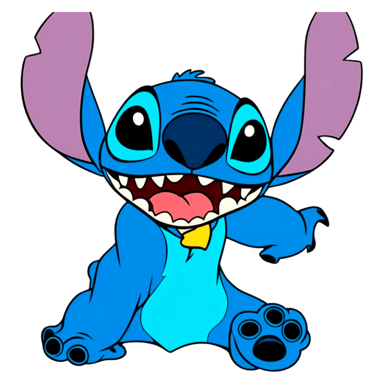 Personagem Stitch, do filme Lilo & Stitch, sorrindo e sentado, com pele azul, grandes orelhas roxas e dentes expostos. Ideal para fãs de animação e cultura pop.