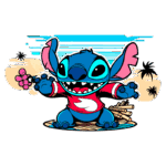 Personagem Stitch animado em fundo tropical, segurando uma flor rosa e sorrindo, com palmeiras e um cenário de praia ao fundo. Ideal para temas de férias e cultura pop.