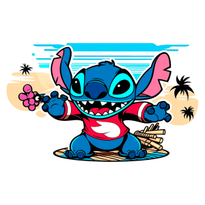 Personagem Stitch animado em fundo tropical, segurando uma flor rosa e sorrindo, com palmeiras e um cenário de praia ao fundo. Ideal para temas de férias e cultura pop.