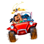 Lilo e Stitch felizes dirigindo um carro vermelho, com um fundo de sujeira ao redor. O veículo é pilotado por uma criança e um alienígena, ambos sorridentes, enquanto um outro personagem se diverte no topo do carro.
