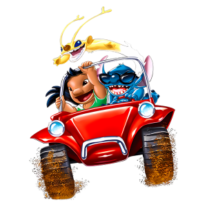 Lilo e Stitch felizes dirigindo um carro vermelho, com um fundo de sujeira ao redor. O veículo é pilotado por uma criança e um alienígena, ambos sorridentes, enquanto um outro personagem se diverte no topo do carro.