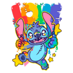 Stitch em um sinal de amor, com a palavra "LOVE" em fundo vibrante. O personagem exibe um grande sorriso e está cercado por estrelas e gotas de tinta, transmitindo uma sensação alegre e divertida.
