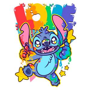 Stitch em um sinal de amor, com a palavra "LOVE" em fundo vibrante. O personagem exibe um grande sorriso e está cercado por estrelas e gotas de tinta, transmitindo uma sensação alegre e divertida.