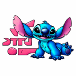 Imagem de Stitch, personagem icônico da Disney, com pelagem azul vibrante e expressões alegres, posando com as orelhas em destaque. O fundo inclui elementos gráficos em rosa, complementando a arte divertida e colorida.