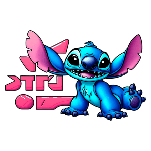 Imagem de Stitch, personagem icônico da Disney, com pelagem azul vibrante e expressões alegres, posando com as orelhas em destaque. O fundo inclui elementos gráficos em rosa, complementando a arte divertida e colorida.