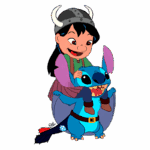 Menina com um capacete viking montando nas costas de Stitch, um experimento alienígena azul, em uma ilustração colorida e divertida.