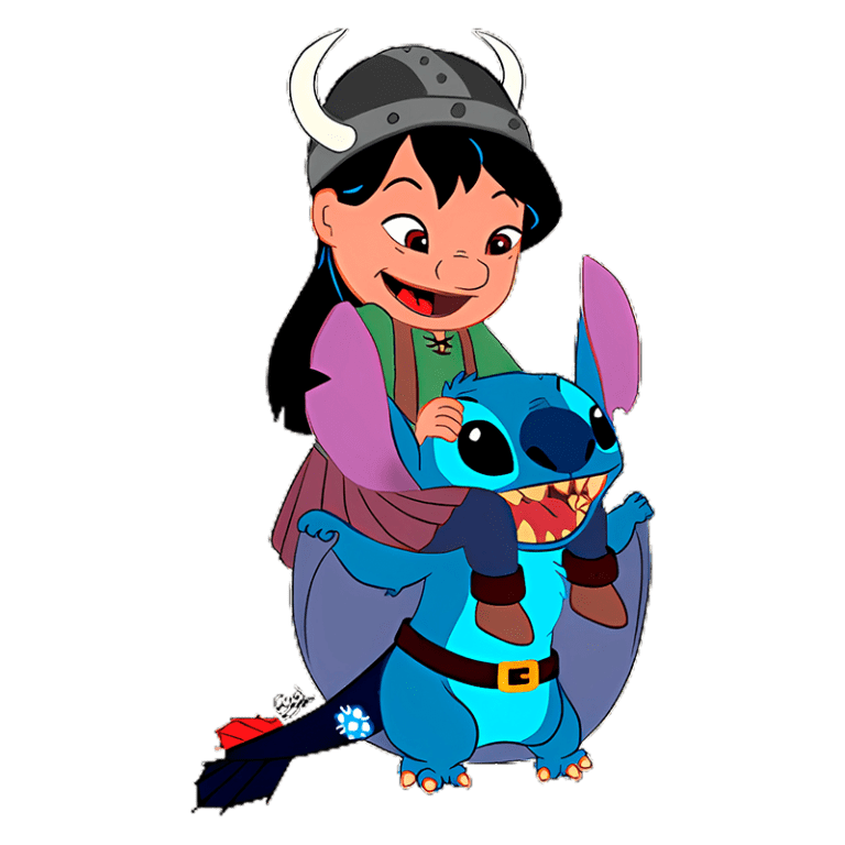 Menina com um capacete viking montando nas costas de Stitch, um experimento alienígena azul, em uma ilustração colorida e divertida.