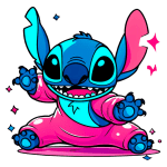 Ilustração colorida do personagem Stitch, de pele azul e detalhes em rosa, vestindo um macacão rosa e mostrando uma expressão alegre enquanto faz pose. Brilhos e estrelas ao fundo.