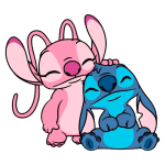 Personagens de animação Stitch e Angel, com tons de azul e rosa, respectivamente, demonstrando afeto e amizade em pose alegre e descontraída.